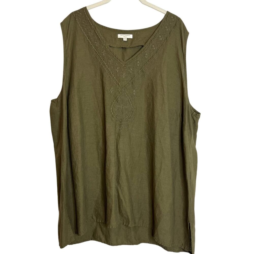 St Tropez West Linen Blend Tunic 2X Olive Green Sleeveless Embroidered
